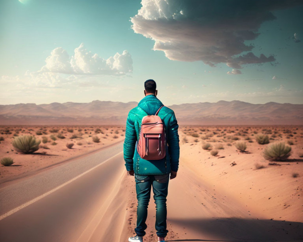 Person with backpack on desert road under dramatic sky with green-tinged moon