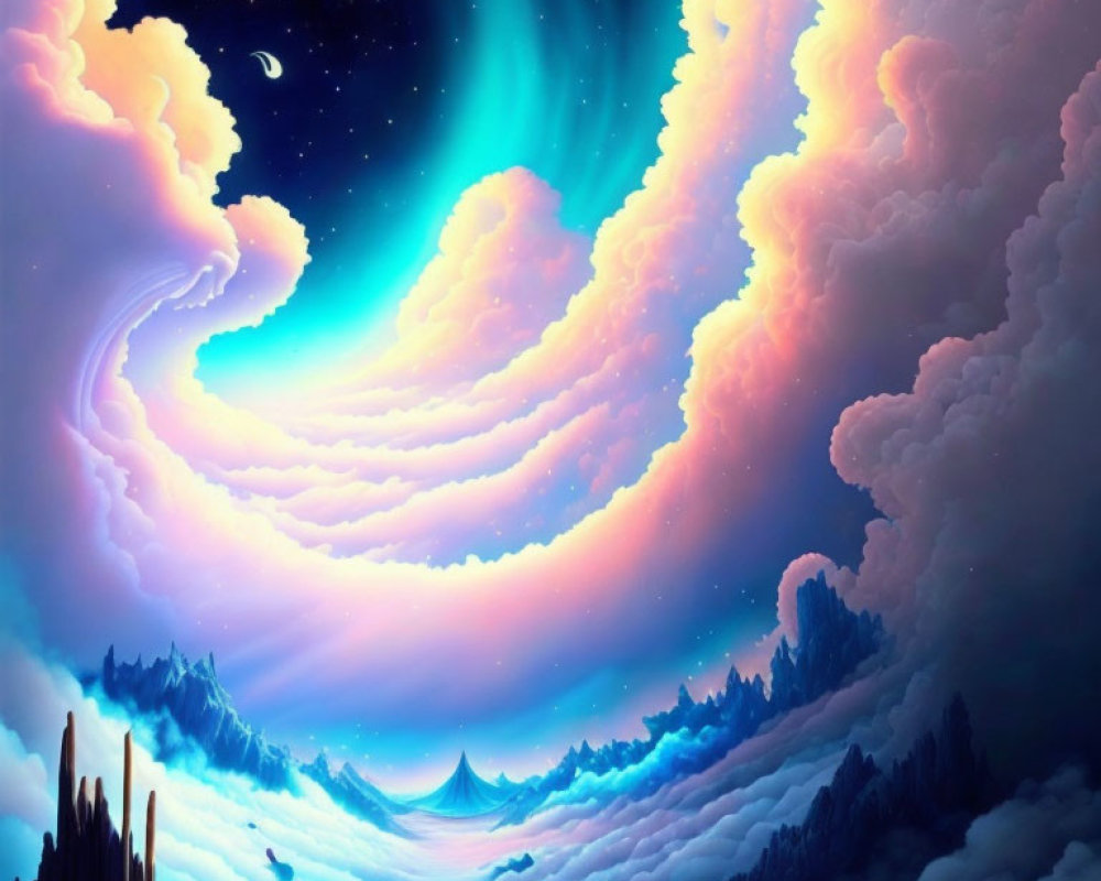 Colorful digital artwork of surreal sky with swirling clouds, aurora, starry night, misty