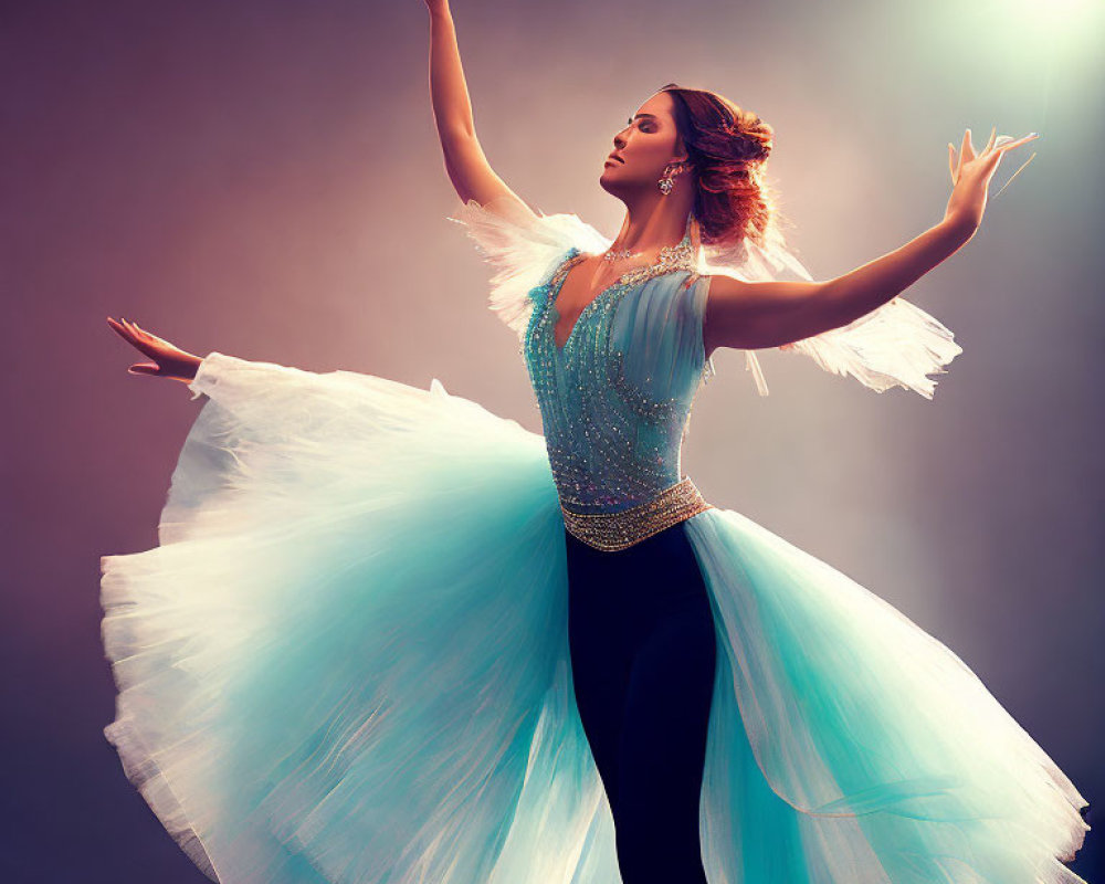 Graceful dancer in flowing blue dress strikes elegant pose with outstretched arms