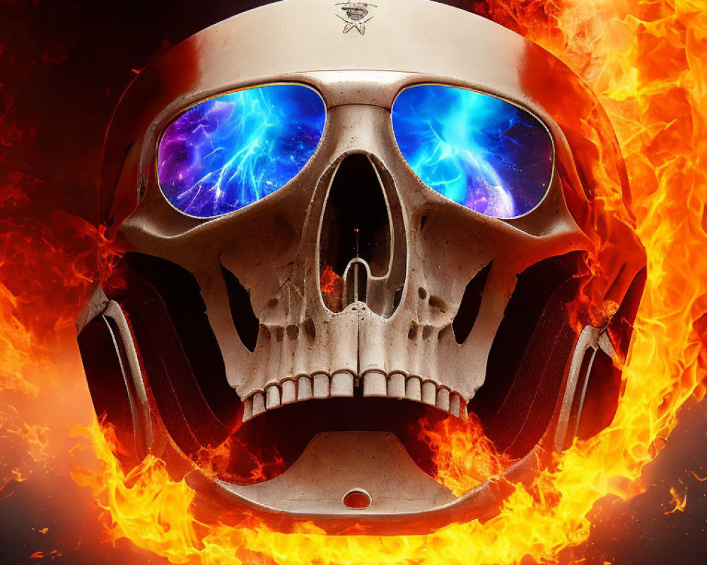Metallic skull with electric blue eyes surrounded by fiery orange flames on dark background