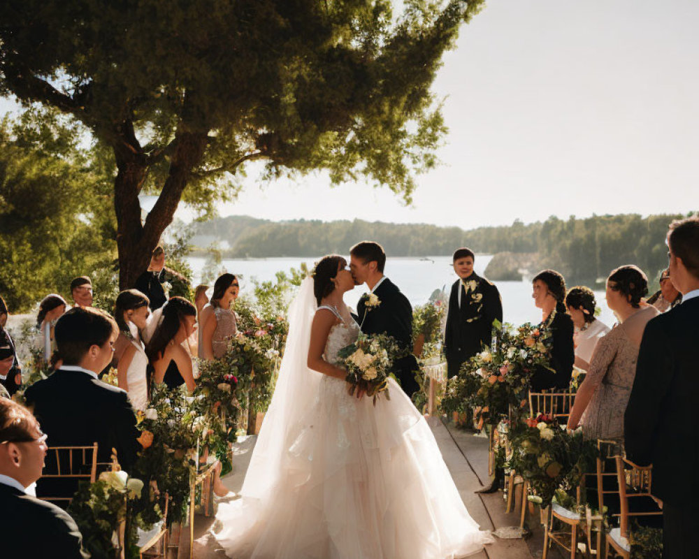 Outdoor lake wedding ceremony with kissing couple, seated guests, and sunny day ambiance