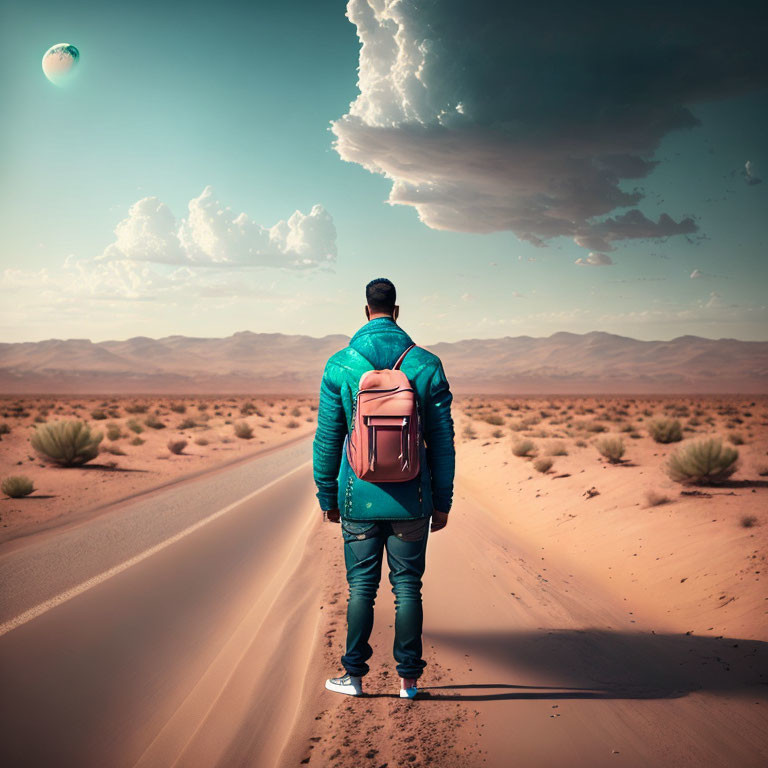 Person with backpack on desert road under dramatic sky with green-tinged moon
