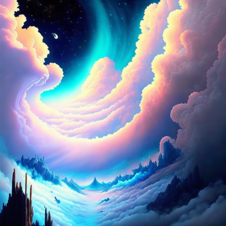 Colorful digital artwork of surreal sky with swirling clouds, aurora, starry night, misty