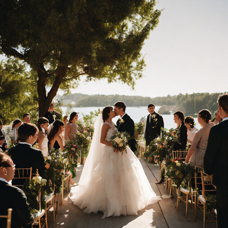Outdoor lake wedding ceremony with kissing couple, seated guests, and sunny day ambiance
