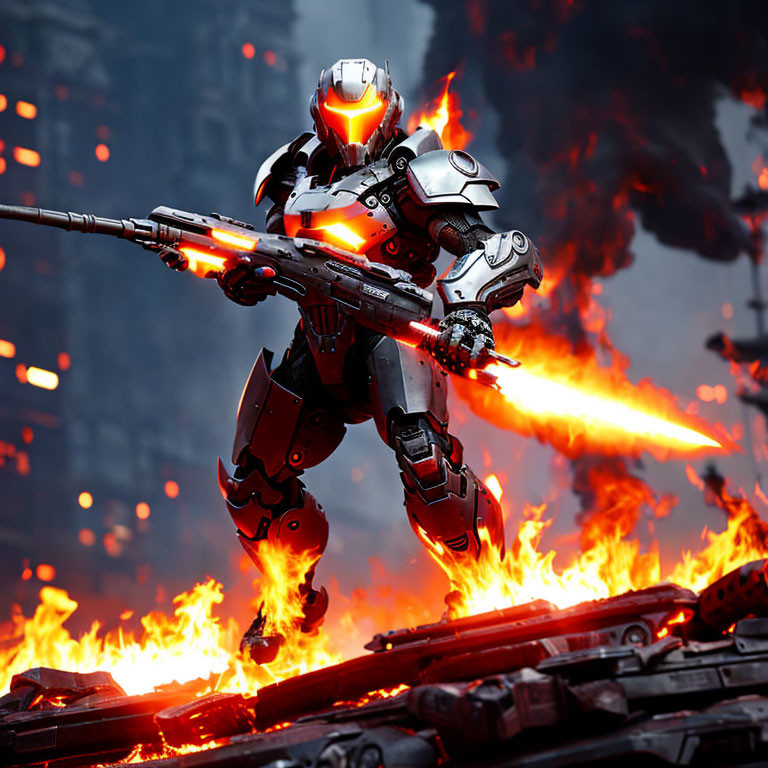 Armored robot with red glowing eyes holding spear in fiery scene