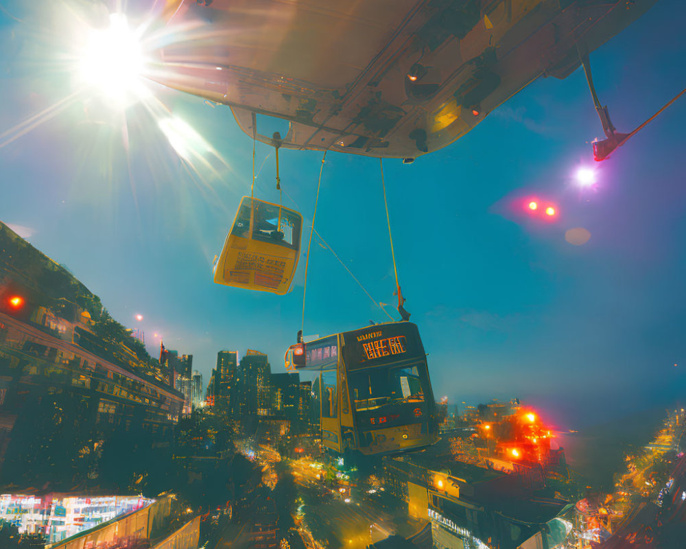 Nighttime futuristic cityscape with illuminated streets, cable cars, and bright starburst light.
