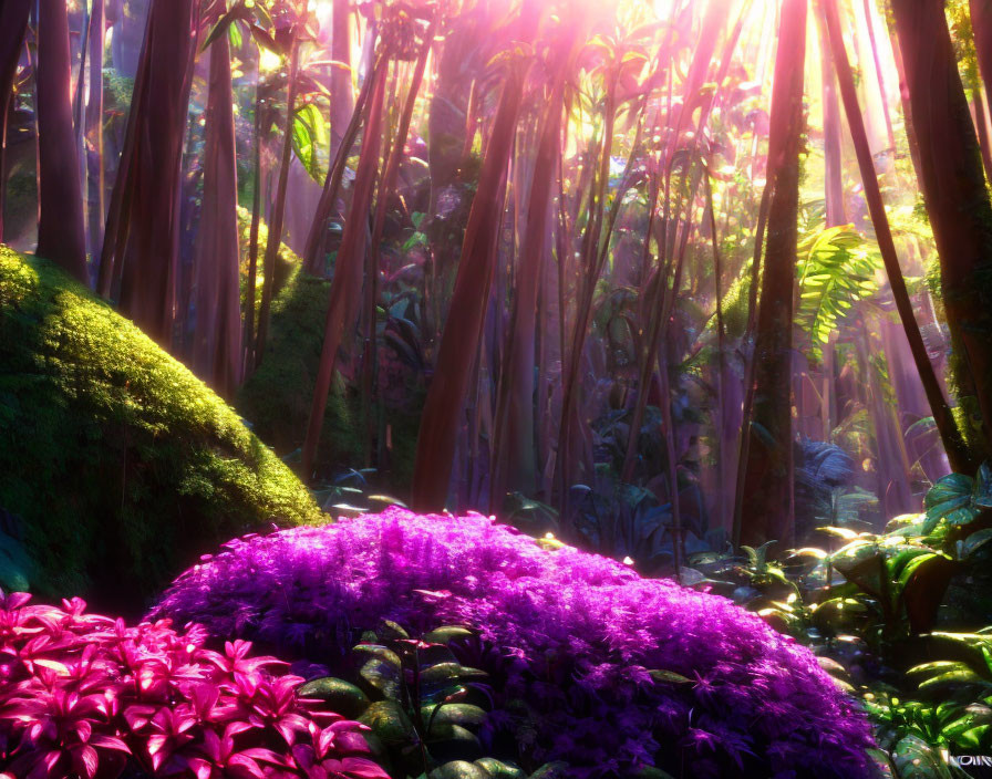 Enchanted forest with tall pink trees and purple flora