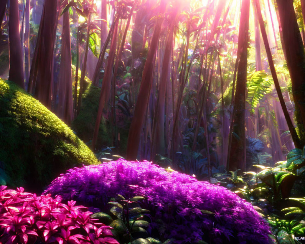 Enchanted forest with tall pink trees and purple flora