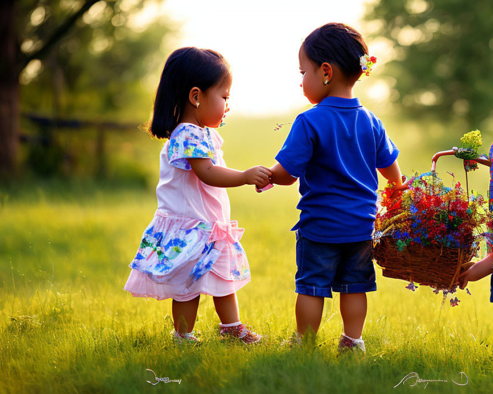 Two Children Holding Hands in Sunlit Field with Flower Basket