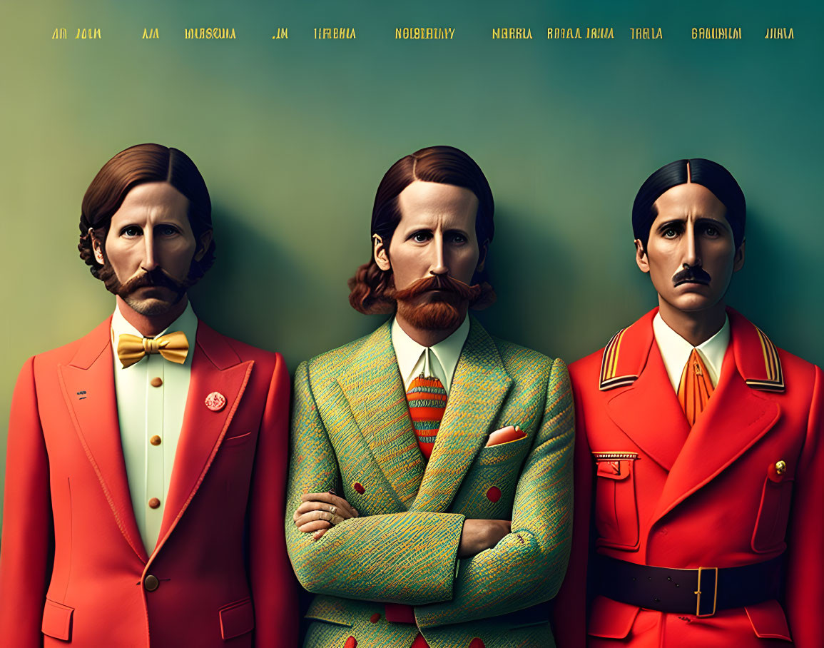 Three stylized male figures with pronounced moustaches in colorful vintage suits standing side-by-side.