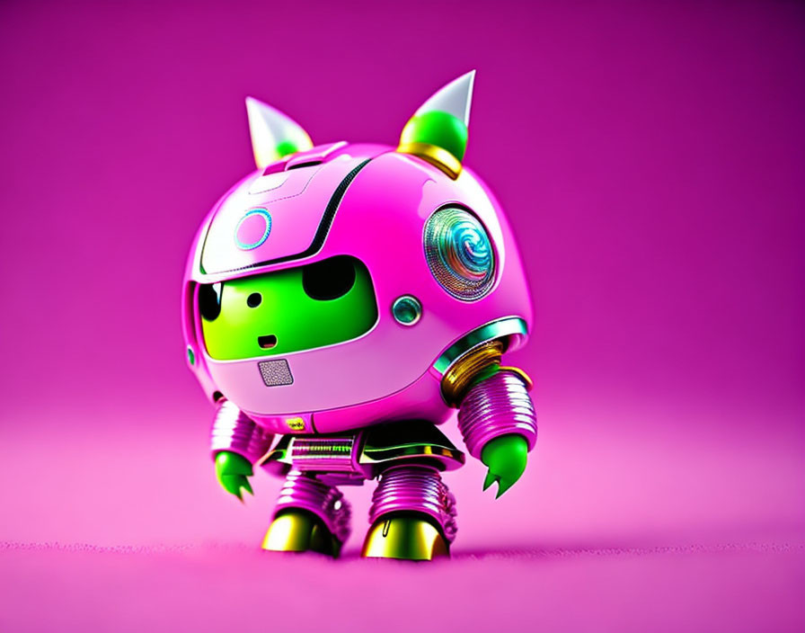 Colorful 3D illustration of a cute green robot on pink background