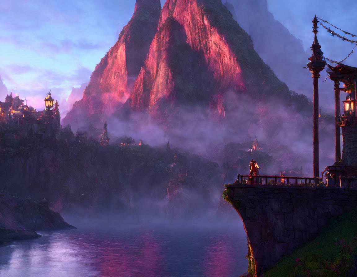 Fantasy landscape at dusk with illuminated mountain buildings and misty waters.