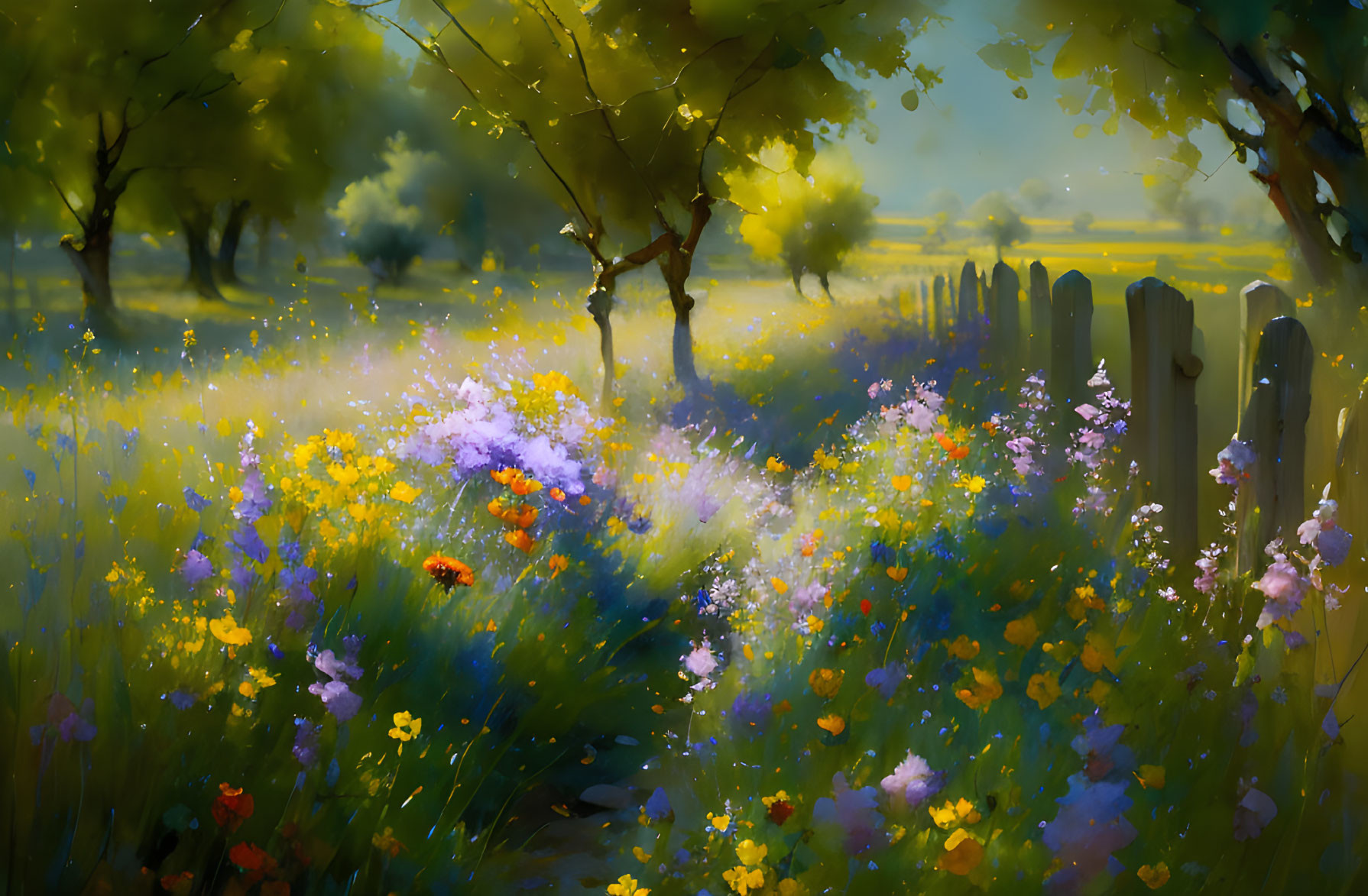 Tranquil landscape with vibrant wildflowers, sunlit trees, and rustic fence