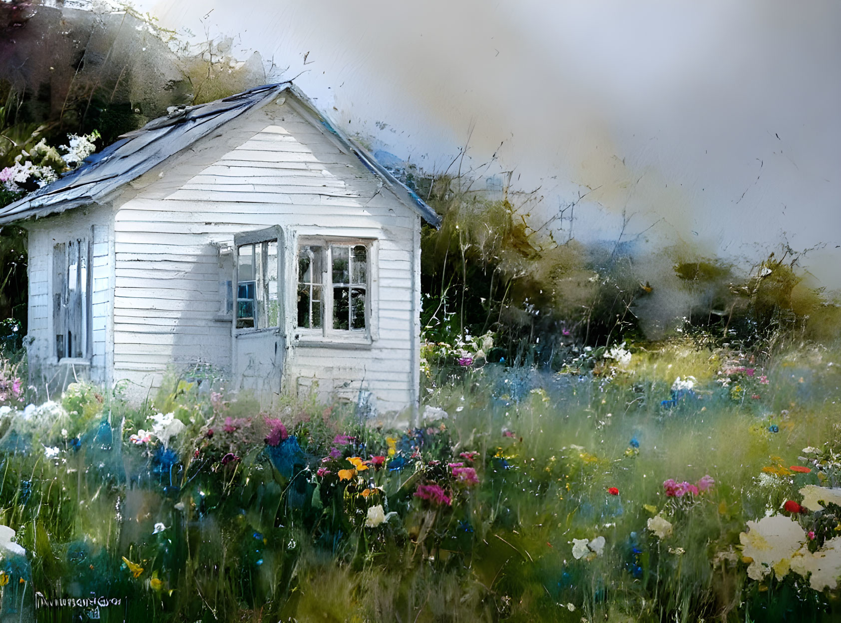 White Cottage Surrounded by Vibrant Floral Meadow and Blurred Trees