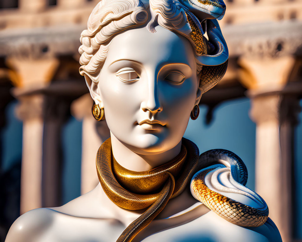 Detailed statue of woman with snake hair against architectural backdrop