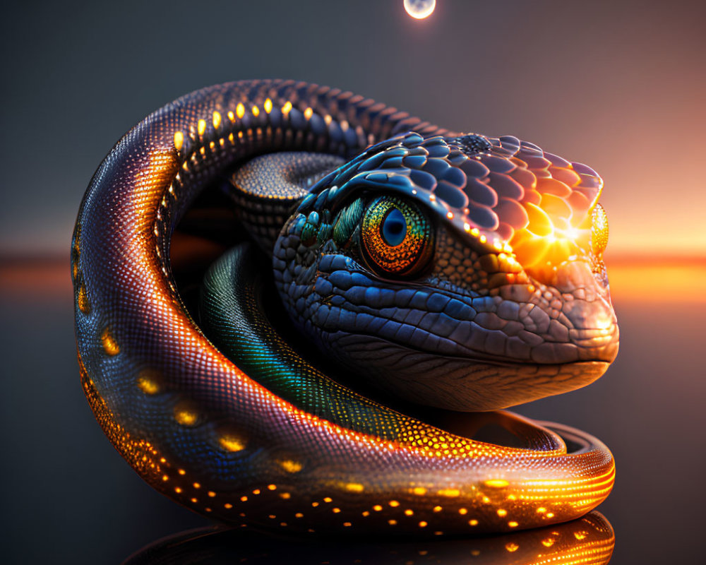 Vibrant glowing snake against sunset backdrop with celestial body