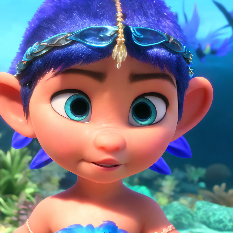 Animated character with large blue eyes, pointed ears, and jeweled headpiece.