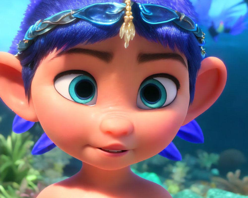 Animated character with large blue eyes, pointed ears, and jeweled headpiece.