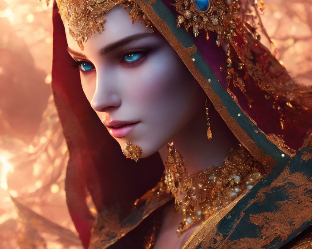 Ethereal woman with blue eyes in ornate attire on warm backdrop