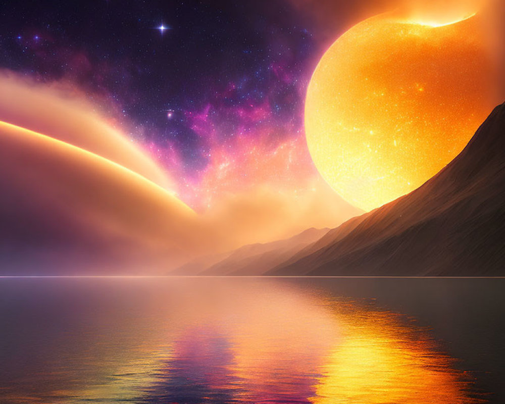 Surreal landscape with radiant sun setting behind mountains and galaxy-studded sky reflected on tranquil water