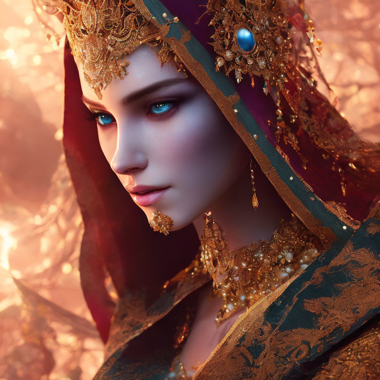 Ethereal woman with blue eyes in ornate attire on warm backdrop