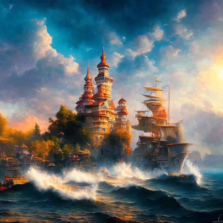 Majestic castle and sailing ship in golden seascape