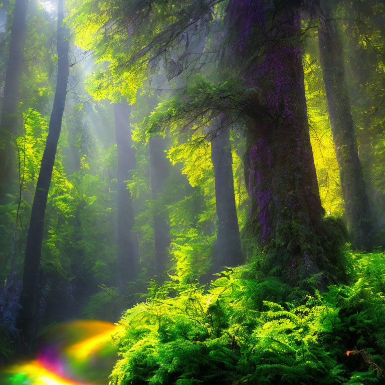 Misty green forest with sunlight illuminating ferns and moss-covered trees