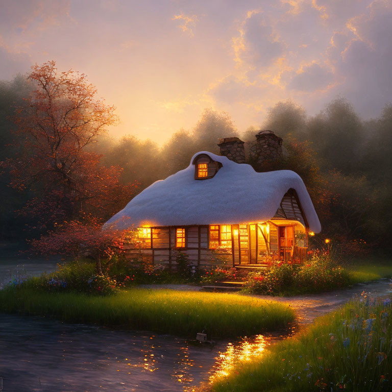 Thatched Roof Cottage by Serene River at Twilight