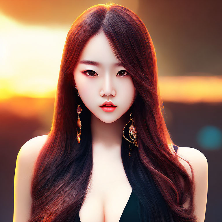 Digital artwork: Woman with dark hair and ornate earrings in sunset background
