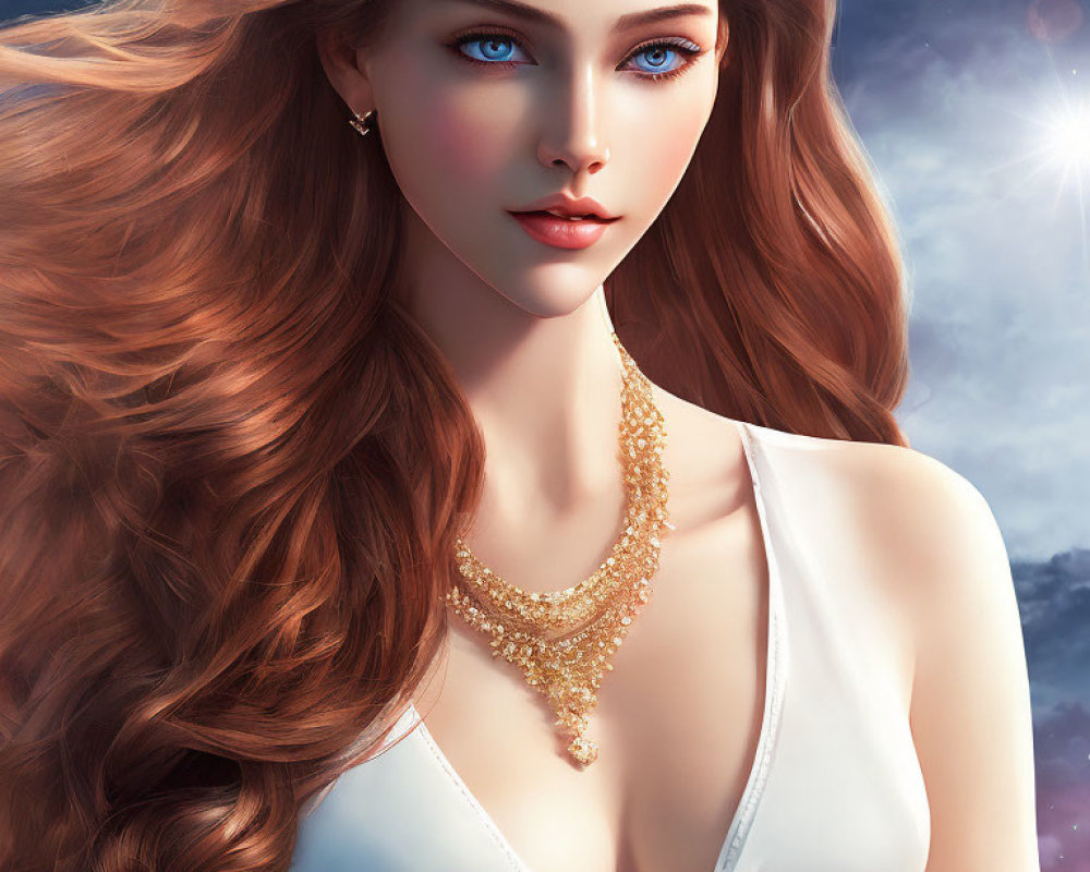 Woman with Long Wavy Hair and Blue Eyes in Starscape Setting