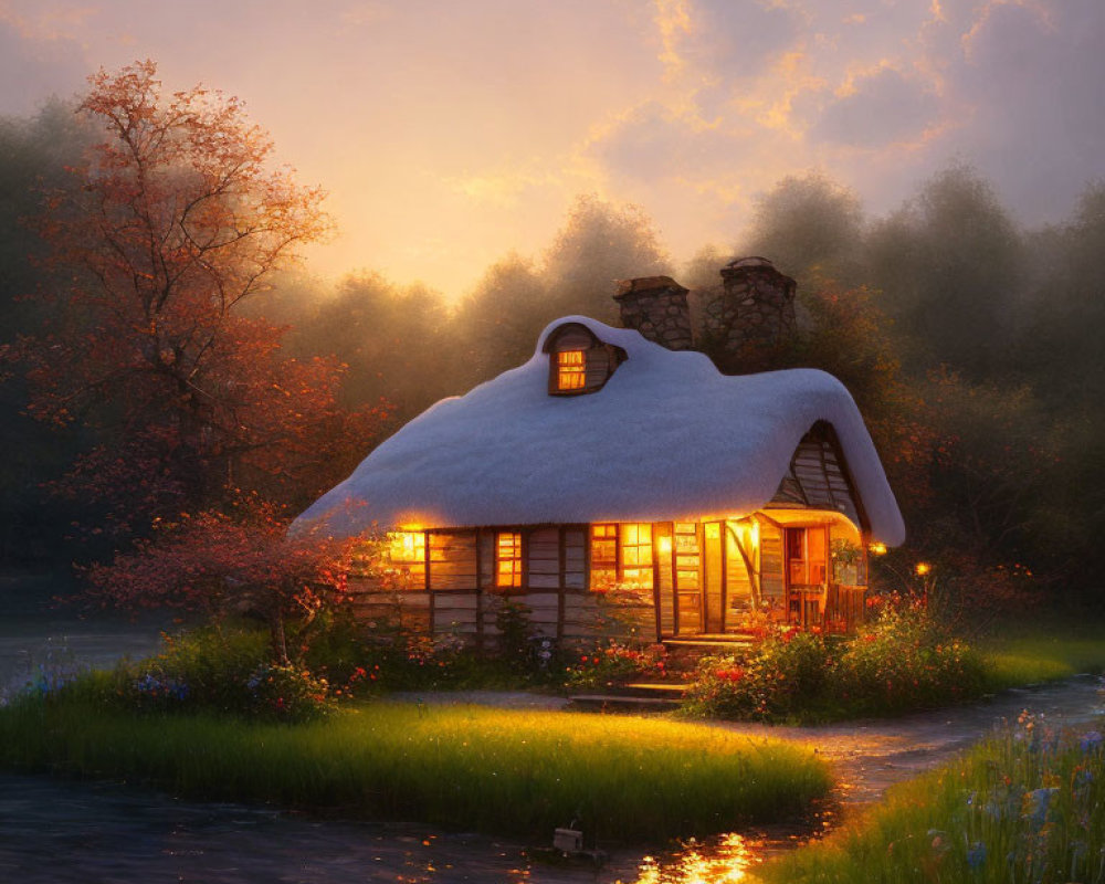 Thatched Roof Cottage by Serene River at Twilight