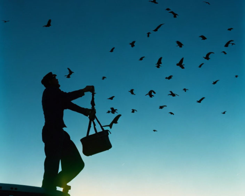 Person on Vehicle's Roof Releasing Birds at Sunset