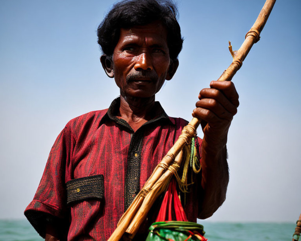 Dark-haired man in red shirt holding bamboo pole by water and sky
