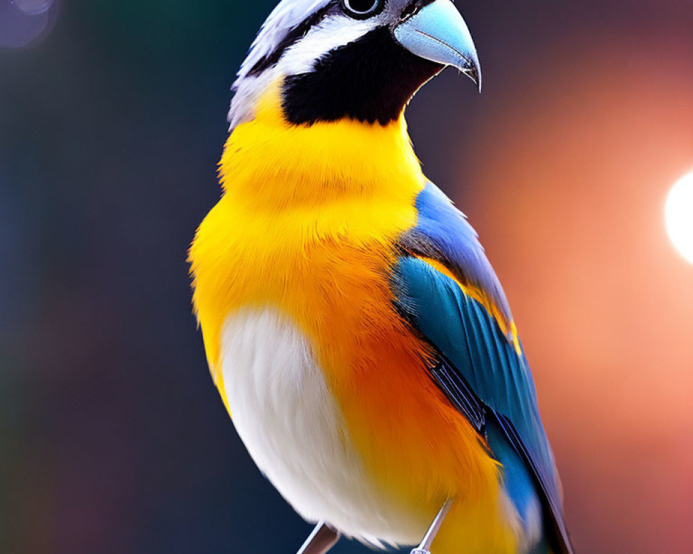 Colorful Bird with White, Black, Yellow, and Blue Plumage on Soft-Focus Background