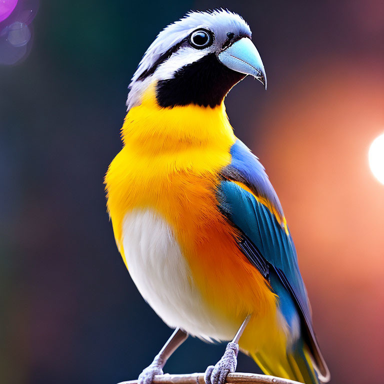 Colorful Bird with White, Black, Yellow, and Blue Plumage on Soft-Focus Background