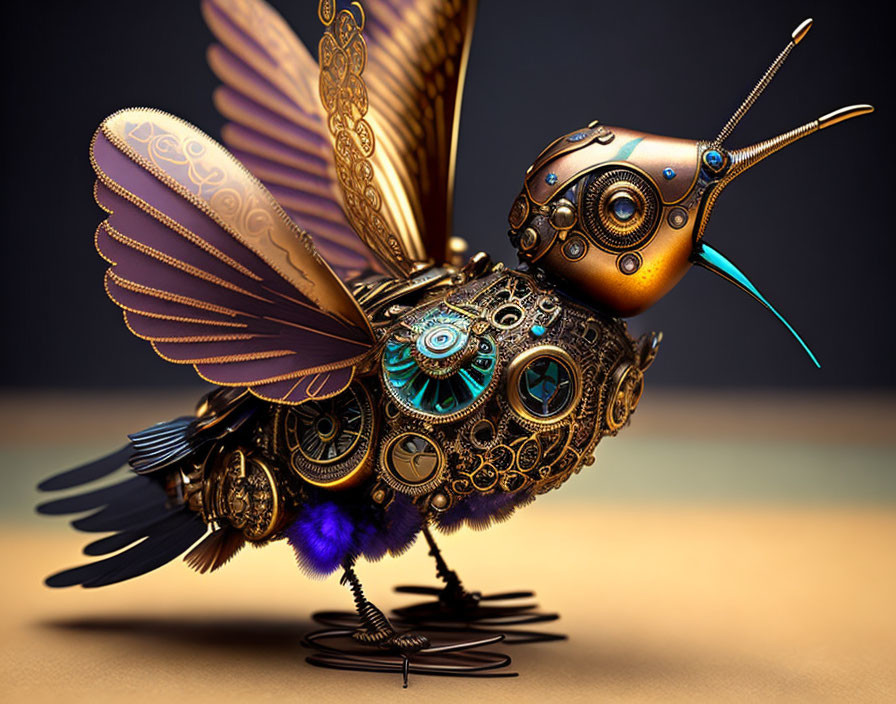 Steampunk-themed mechanical bug with metallic wings on warm background