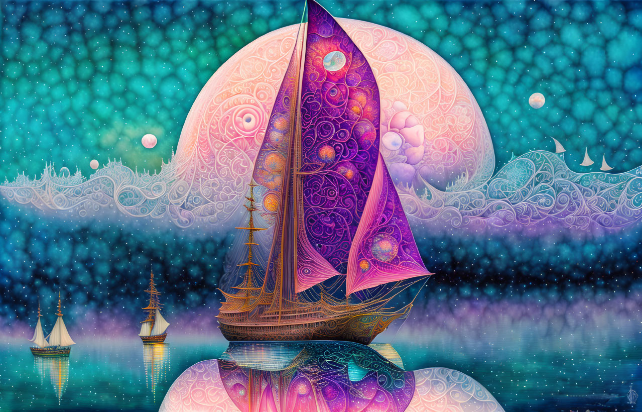 Colorful Fantastical Sailboat Illustration Sailing Dreamlike Sea