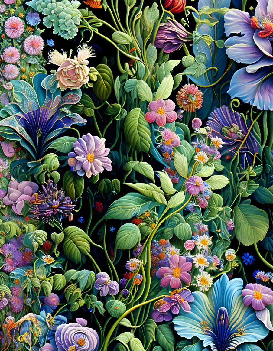 Colorful Floral Painting with Blue, Purple, Green, and White Flowers