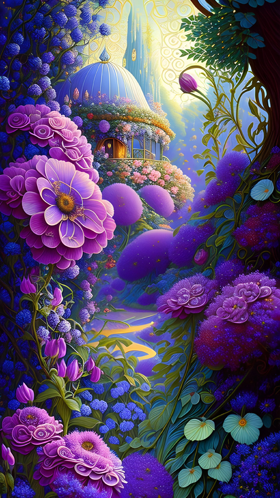 Whimsical purple and blue fantasy landscape with oversized flowers and lantern-lit treehouse