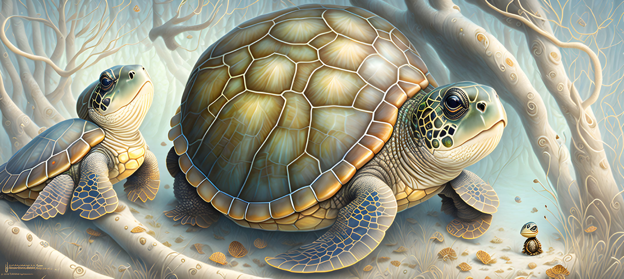 Illustrated sea turtles in ocean environment with aquatic plants