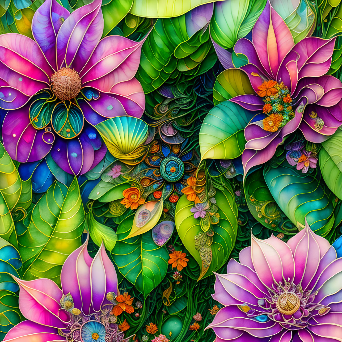 Colorful digital floral scene with exotic flowers in pink, purple, green, and blue.