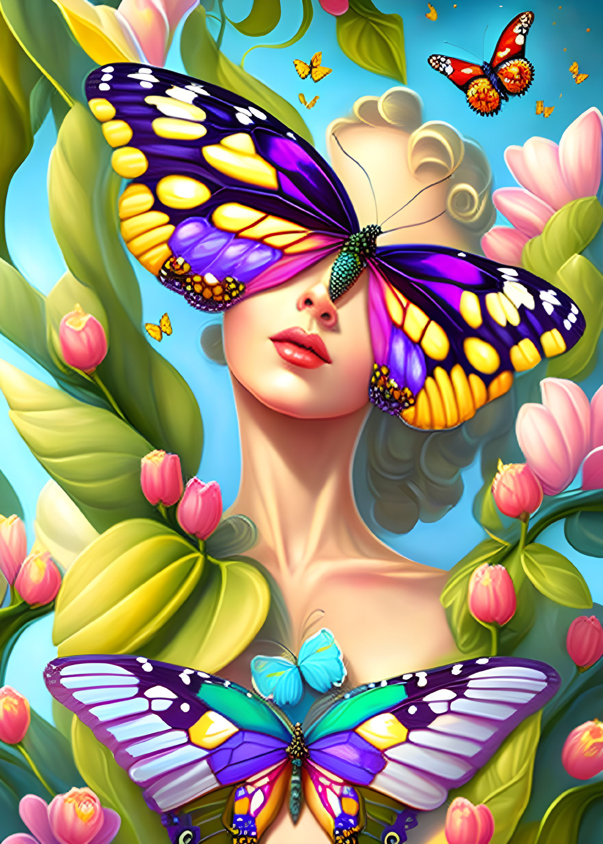 Colorful Artwork of Woman with Butterflies and Flowers on Blue Sky Background
