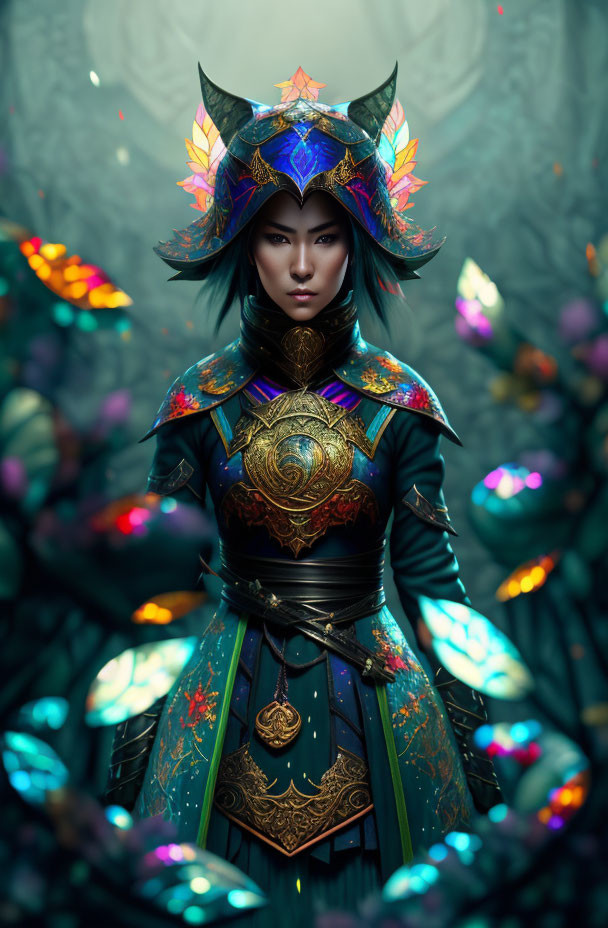 Colorful Armor Woman in Decorative Helmet with Magical Glow and Petals