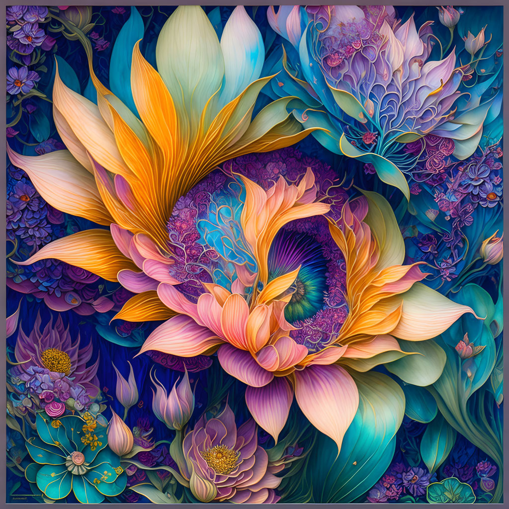 Colorful painting of blooming flowers in blues, yellows, and purples