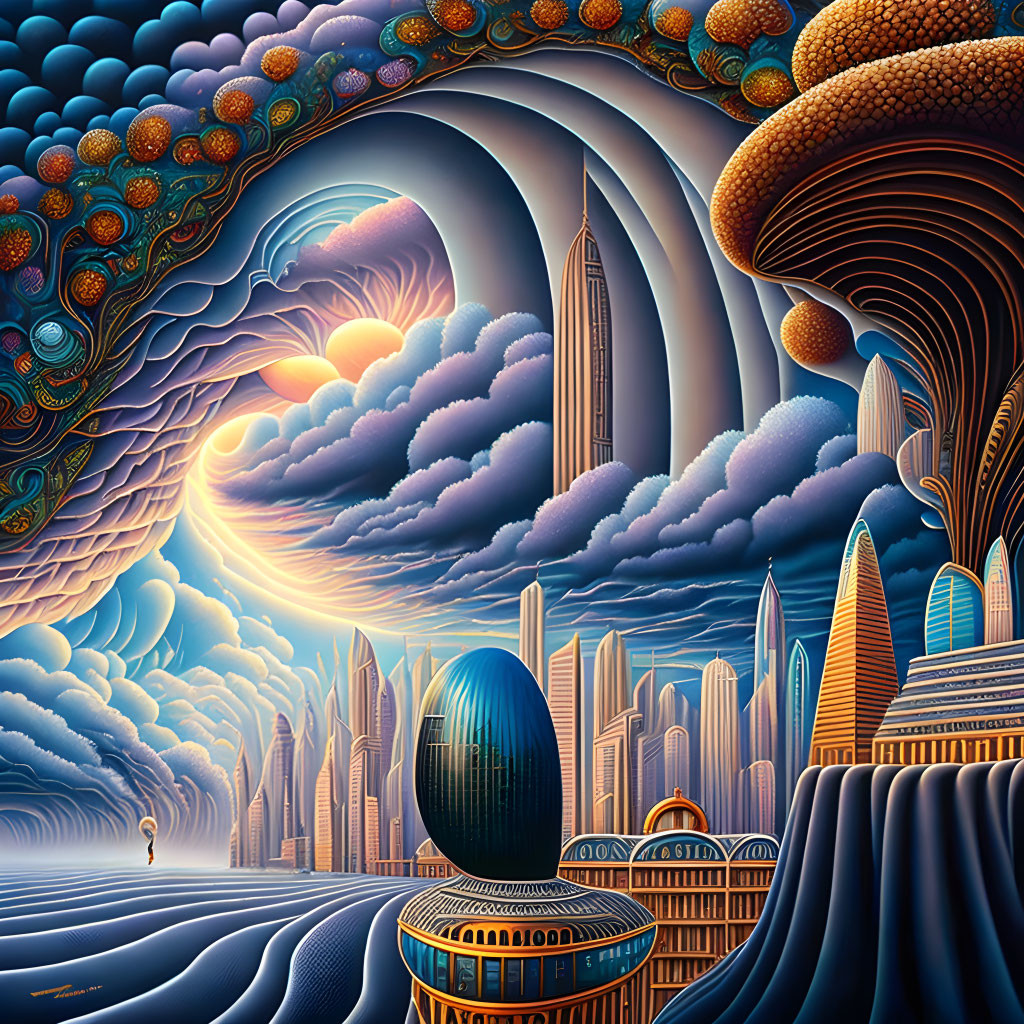 Surrealist landscape with swirling clouds and futuristic buildings