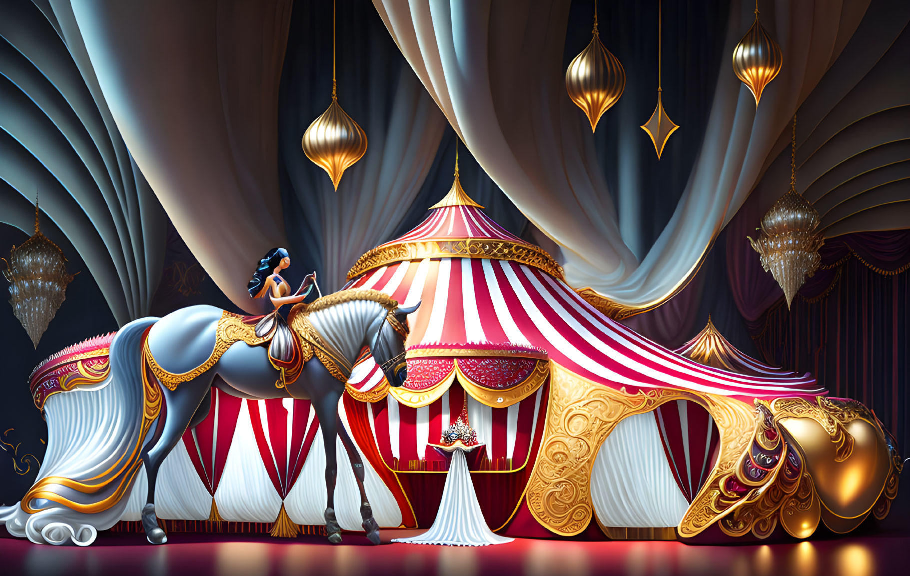 Vibrant circus interior with elephant and performer