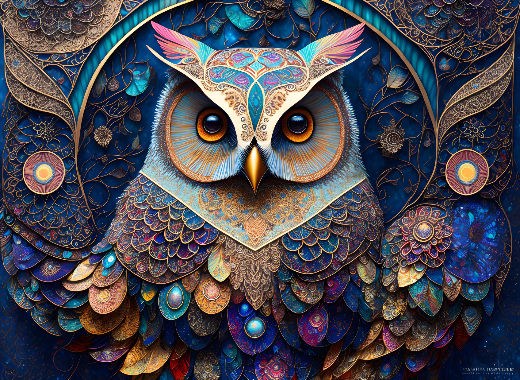 Stylized owl digital artwork in blue, gold, and brown hues