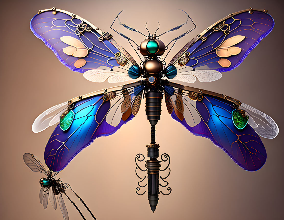 Steampunk-style mechanical dragonfly with vibrant wings on warm background