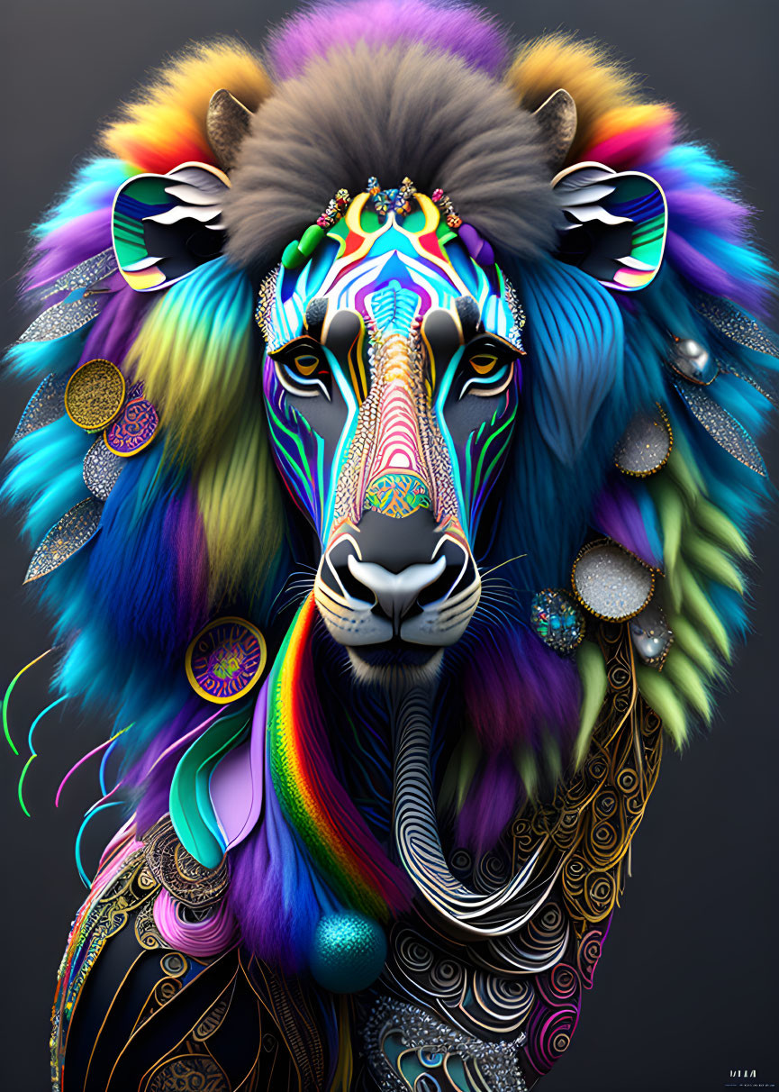 Colorful Stylized Lion Art with Vibrant Mane on Grey Background