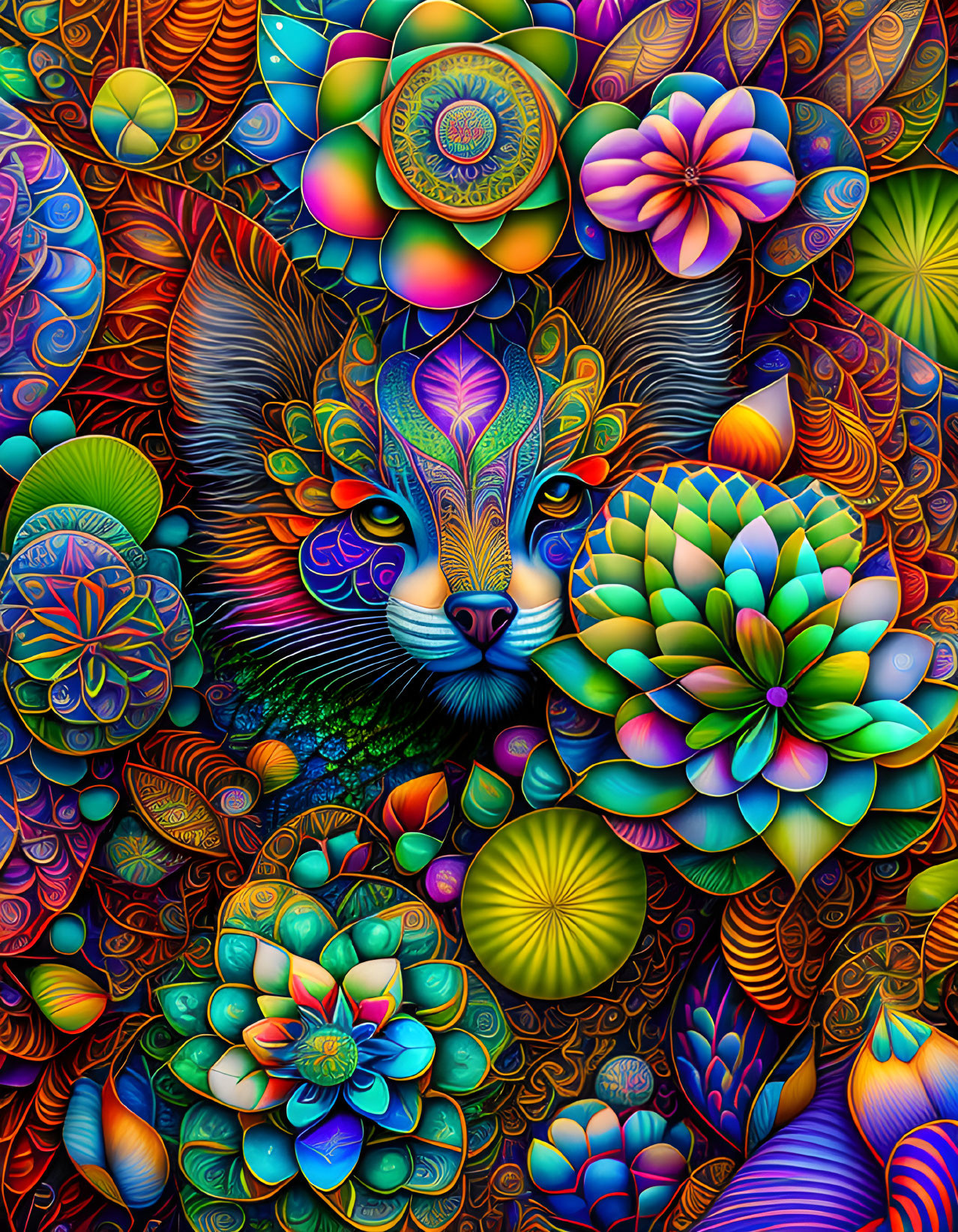 Colorful Psychedelic Cat Face with Floral Patterns
